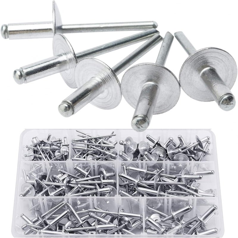 LAZIRO215PCS Pop Rivets Assortment Kit, Large Flange Aluminum Rivets(1/8" 5/32" 3/16") Assorted Blind Rivets with Case(Silver) (Rivets Assortment Kit) - Image 1